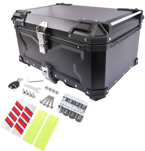 GELUOXI 65L Motorbike Top Case, Aluminum Waterproof Top Box for Motorcycle Luggage Box with Security Lock for Storage Helmet, Motorbike Top Case Black