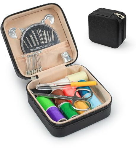 LELE LIFE Mini kit de couture de voyage avec étui en cuir, petit kit de couture pour adultes et débutants, kit d'aiguille et de fil de base pour fournitures de réparation d'urgence à la main (noir)
