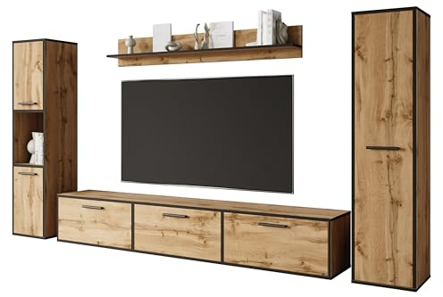 MINIO go for it - Wohnwand Wohnzimmer 4-teilig Toga, Wohnzimmer Möbel Set, 1x TV Lowboard, 2X Hochschrank, 1x Wandboard, Wohnzimmermöbel Komplett, Wohnzimmer Set - Farbe Wotan Eiche/Schwarz Farbe