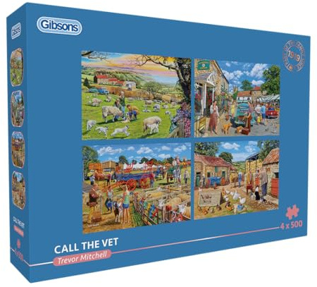 Gibsons Call the Vet 4 x 500 Piece Jigsaw Puzzle Set for Adults – Nostalgic Countryside Scenes by Trevor Mitchell – Relaxing Farm Life Collection – Premium British Multi-Box Puzzle Gift
