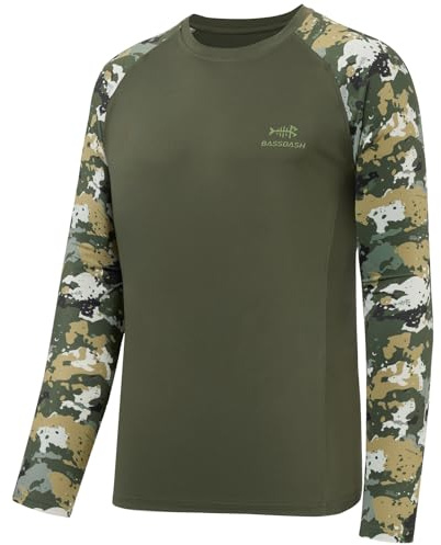 BASSDASH UPF 50 Fishing Tee for Men Camo Long Sleeve Shirt Quick Dry Sweatshirts, Olive Green/Tactical Camo, 3XL