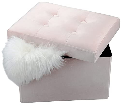 LINMAGCO Small Velvet Ottoman with Storage Rectangle Foot Rest Under Desk Stool for Room Folding Ottoman Furniture with Button turfted-Lightpink 16X12X12IN