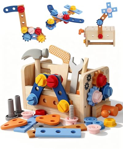 Pangbaylov Wooden Kids Tool Set Montessori Educational Play Tools Toys for 3 Year Old, 38Pcs Pretend Play Tool Box Bench Construction Toys, Christmas Stocking Fillers for Toddler Boys Girls
