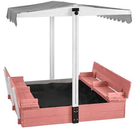 Sandbox with Lid Outdoor Sandboxes with Cover Wooden Foldable Bench Seats with Canopy for Kids Large Sandy Box with Adjustable-Height Roof 47.2 L × 47.2 W (Pink)