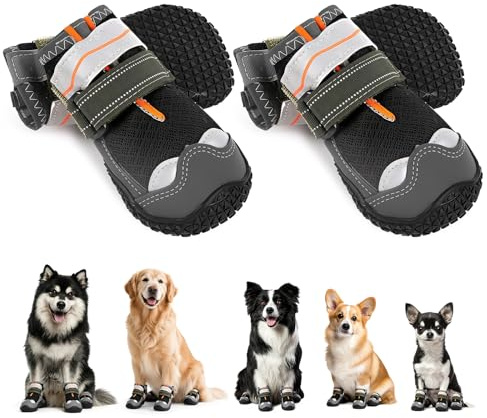 AMFUN 4 Stivali per Cani Paw Protector, Scarpe per Cani Impermeabili con Cinghie Regolabili Riflettenti, Antiscivolo e Lavabili, per Cani di Piccola, Media e Grande Taglia (Paw Width 2.4 inch)