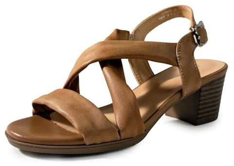 JOMIX Sandalias de Tacón Mujer Sandalias Elegantes y Cómodas Tacón Ancho Tiras Cruzadas y Tira Trasera Zapatos Abiertos para Verano Oficina y Ciudad Camello 39