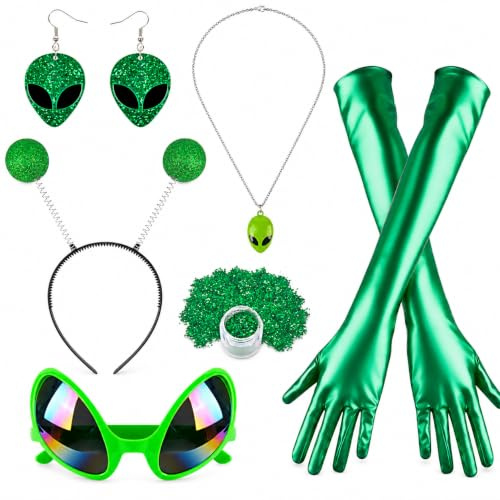 Nerien Ensemble de costume d'alien pour femme – 7 pièces – Costume d'alien de l'espace, pour adulte, avec bandeau, lunettes, boucles d'oreilles, gants, collier, paillettes