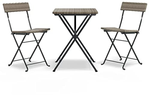 Qnhdfrt Set da bistrò pieghevole da 3 pezzi, set di mobili da balcone in polyrattan, gruppo di sedute con 2 sedie e tavolo, set di mobili da giardino grigio, per balcone, terrazza e giardino