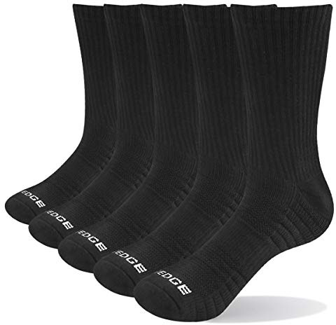 YUEDGE Men's Solid Black Cushioned Training Athletic Walking Sports Socks Moisture Wicking Mens Socks Padded Anti-Odor Work Socks For Men Size 6-10, Multipack, 5 Pairs