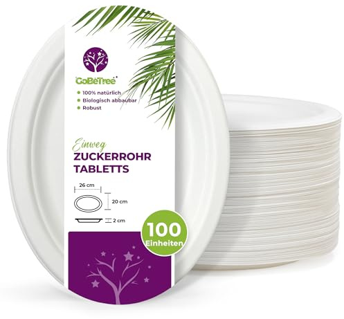 GoBeTree 100 Bandejas Desechables ovales de Papel de caña de azúcar de 26 x 20 cm. Vajilla desechable Biodegradable extrafuerte de Color Blanco. Bandejas para Fiestas y desayunos.