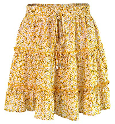 LAEMILIA Womens Elastic Waist Flared Short Skirt Floral Print Pleated Mini Skater Skirt with Drawstring Yellow
