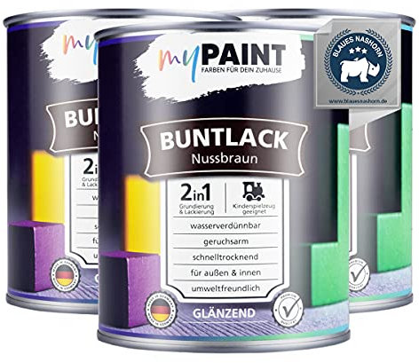 myPAINT® vernice colorata 2in1 (2,25L, RAL 8011 nocciola) extra lucido vernice acrilica - vernice per giocattoli per bambini - vernice per legno - vernice per legno da interni