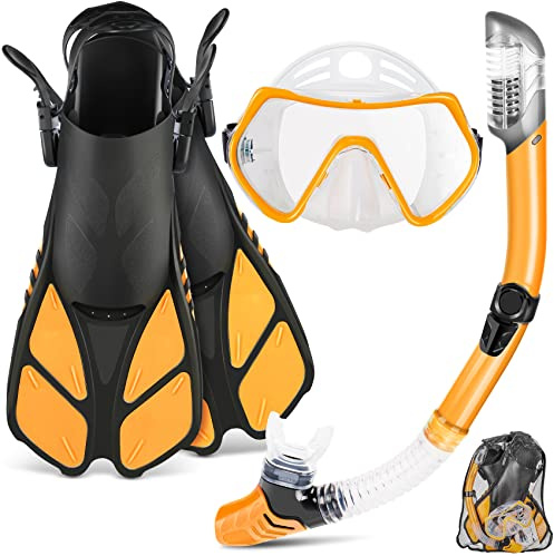 ZEEPORTE Mask Fin Snorkel Set with Adult Snorkeling Gear, Panoramic View Diving Mask, Trek Fin, Dry Top Snorkel +Travel Bags, Snorkel for Lap Swimming