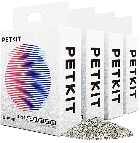 PETKIT Strong Clumping Cat Litters, 5 in 1 Mixed Cat Litter, 28 Litres Unscented Ultra Absorbent and Fast Drying Cat Litter, Flushable Odor Eliminating, Biodegradable, 4 Packs