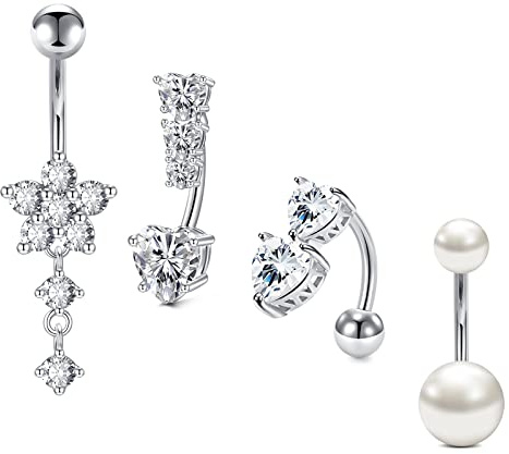 AVYRING 14G Belly Button Bars, 10mm Stainless Steel Belly Navel Bars Classic Round & Heart CZ Belly Button Piercing Jewelry, Hypoallergenic Navel Belly Bar Piercing Jewelry for Women