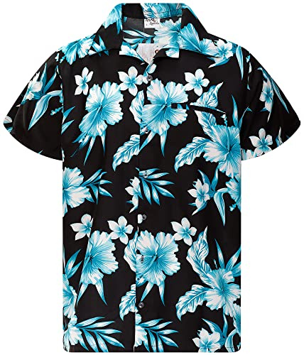 King Kameha Chemise Hawaïenne Homme Manche Courte, Mono-Flowers, Noir-Turquoise, 6XL