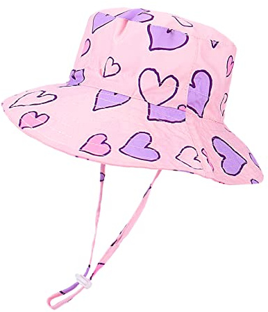 LACOFIA Cappellino Neonata Estivo Cappello Sole Mare UPF 50+ Bambina Berretto da Spiaggia/Piscina a Tesa Larga con Cinturino Sottogola Regolabile Cuore Rosa 2-3 Anni