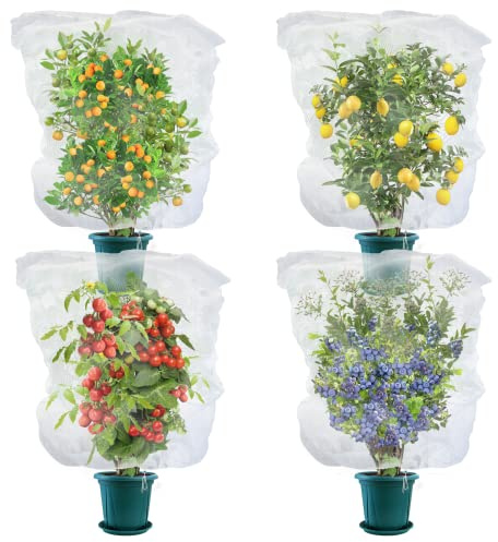 OZMI Fruit Tree Netting, 140x120cm 4.6x4ft 4Pack Plant Fruit Bushes Protection Nettings Covers with Drawstring, Tomato Plant Bird Nettings Barrier Bags for Vegetables Fruits Tree Netting Bags