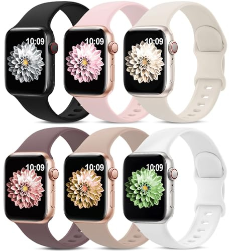 AMSKY 6 Pezzi Cinturini Compatibile con Cinturino Apple Watch 40mm 44 mm 42mm 46mm 45 mm 41mm 38mm 49mm Donna Uomo, Sportivi Silicone Compatibile con Apple Watch Series 11 10 9 8 7 6 5 4, SE 3 2 1