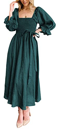 Les umes Damen Maxikleid Mit Ballonärmeln, Multi-Wear-Design im Resort-Stil, Dunkelgrün, Größe L