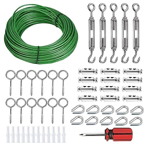 HAOMEEDUO Drahtseil mit Ösen 30m*3mm PVC-ummantelt Stahlseil Spannen Drahtseil Spanndraht Edelstahl Rankhilfe M5 Seilspanner mit Kabelkauschen Crimphülsen Seilklemme für Garten Wäscheleine Zaun