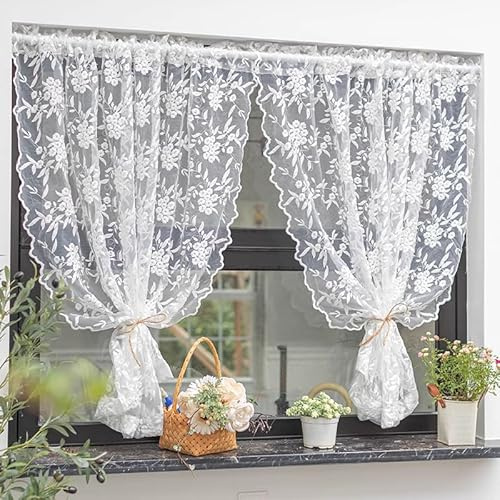 Vit spetsgardin med blombroderi, voile gardin H x B 160 x 130 cm