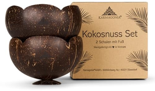 Karmagonia Kokosnuss Schale 2er Set - handgefertigte Bowl Schüssel - nachhaltige Müslischalen - Snackschale, Holzschale, Smoothie Bowl - 100% Naturprodukt