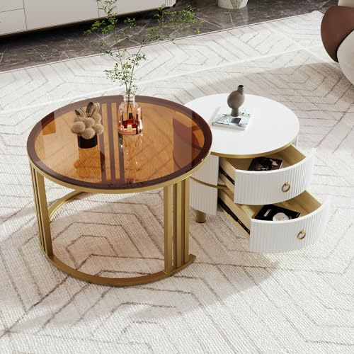 Mesa de centro redonda de MDF 2 en 1, mesa auxiliar con tablero brillante y 1 tablero de mármol blanco, combinación de mesa de centro con 2 cajones