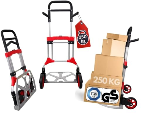 PROREGAL Klappbare Profi-Sackkarre Elephant | HxBxT 112x60x61cm | Traglast 250kg | Aluminium, ergonomische Griffe, Leichtlauf-Vollgummiräder | Schwarz-Rot-Silber | Transportkarre Staplerkarre