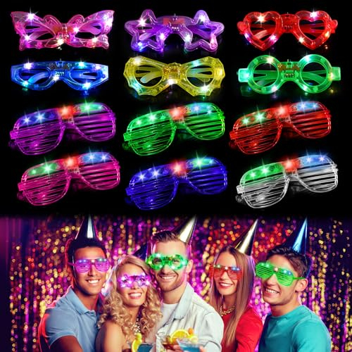 Hossom LED Brille Party Brille 12 Stück Partybrillen Neon LED Leuchtbrille Flashing Partybrille Led Brillen für Party, Geburtstagsfeier, Karneval, Konzert, Halloween, Weihnachten