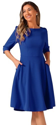 Allegra K Wear to Work Dress for Women's Boat Neck Short Sleeves Midi Flared Office Dresses Royal Blue XL