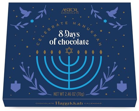 Astor Chocolate 8 Days Of Hannukah Advent Calendar Chocolates, Menorah Candles Hannukah Chocolate Coins Gelt, Family Holiday Food Gifts for Kids Adults Men Women
