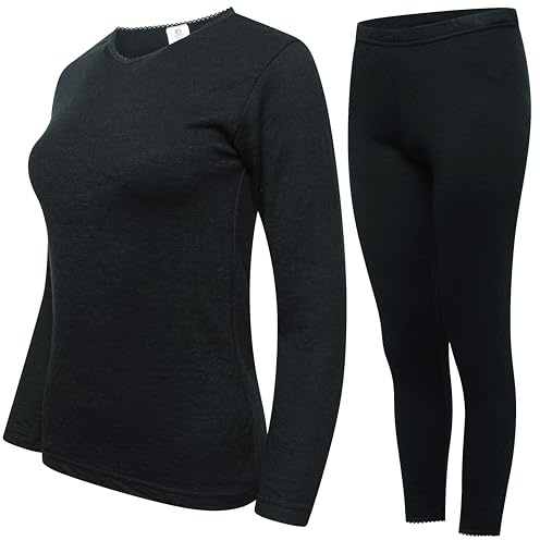 DOLCE ENVY Pack of 1 Womens Thermal Underwear Set Ultra Soft Crew Neck Long Sleeved Base Layer Tops & Bottoms (BLACK, M)
