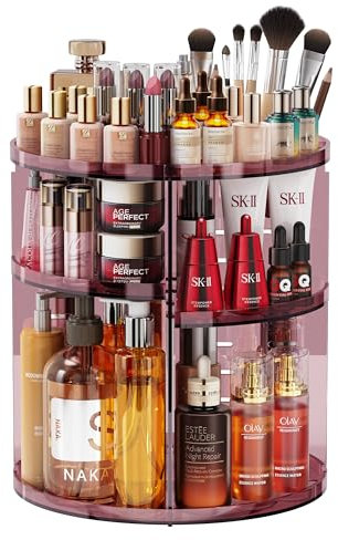 Auxmir Organisateur Maquillage Rotatif 360°, Rangement Maquillage 9 Niveaux Réglables, Organisateur Coiffeuse Grande Capacité Multifonctionnel pour Produit Cosmétiques Skincare Parfum, Rose