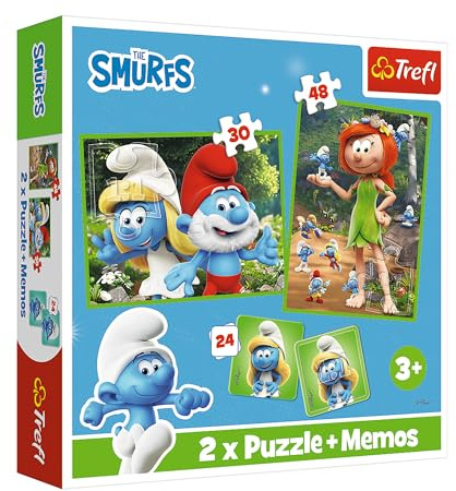 Trefl. Pitufos, diversión pitufa. 3 en 1: 2 puzles + Juego de Memoria, 30 y 48 Piezas, Distintos Grados de dificultad, 24 Pares de Tarjetas de Memoria. Juego para niñas y niños a Partir de 3 años.
