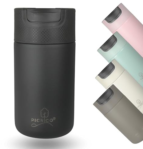 Picnico® - Kaffeebecher to go 400ml aus Edelstahl mit Drehverschluss schwarz (auslaufsicher, isoliert) - Thermobecher für Kaffee & Tee hält 4h warm - Thermo-Flasche & Coffee-Becher mit Deckel