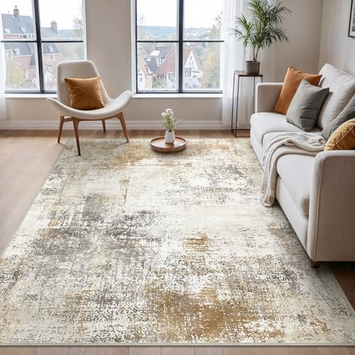 BEIMO Waschbarer Teppich Wohnzimmer, Abstrakt Design Teppich Schlafzimmer Kurzflor, Groß Teppiche rutschfest Weiche für Badezimmer Esszimmer Flur, 120X170CM, Karamellgrau