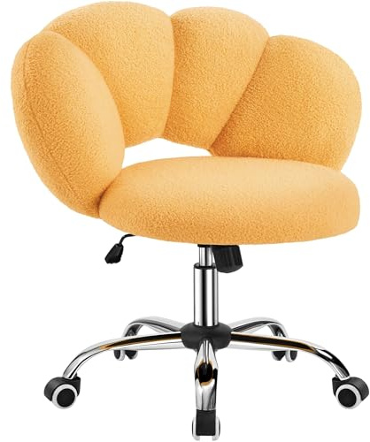 Yaheetech Boucle Upholstered Desk Makeup Vanity Chair with Wheels Swivel Cloud-shaped Accent Chair with Adjustable Height for Home Office Living Room, Bedroom Women Yellow