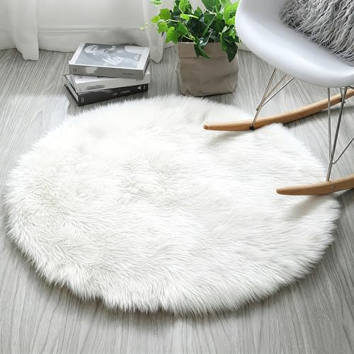 HARESLE Faux Fur White Round Rug 120cm Fluffy Large Carpet for Living Room | 6cm long pile, Washable, Shaggy, Anti-slip, Round shape, for office, bedroom, kids room, nursery, lounge
