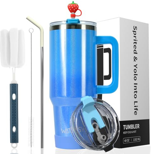 WATERSY 30oz Tumbler with Straw and Lid, Travel Mug Coffee Cup with Handle, Stainless Steel Double Wall Vacuum Insulated Coffee Water Bottle Thermal for Cold Hot Coffee 891ml Shiny Deux Blue