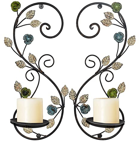 Metal Wall Candle Sconce Holder Set of 2 Wall Mount Candle Holders, Antique Multi-Color Leaf Branch Candle Sconces for Living Room Farmhouse Fireplace Wedding