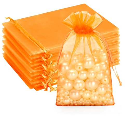 G2PLUS Orange Organza Gift Pouches 13x18 cm: Medium Favor Bags, 50 PCS | Wedding Jewelry Bags, Clear Mesh Pouches Perfect for Wedding, Christmas, Birthday, Anniversary