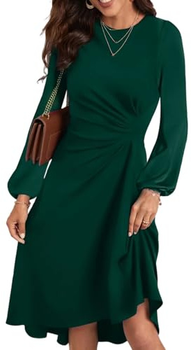HUXRAKV Robe Femme Chic et Elegant Midi Robe de Cocktail Manches Longues Robe de Abendkleid Soirée Fête Affaires,WD42-Vert Foncé,XL