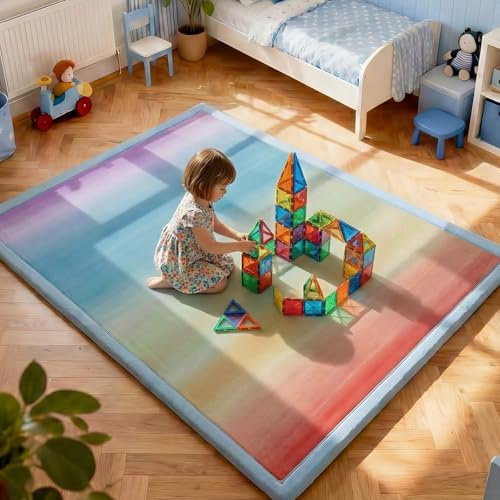 jxgzyy Large Play Mat for Kids, 3cm Thick Memory Foam Playpen Mat with Non-Slip Backing, Super Soft Synthetic Velvet Nursery Carpet for Floor, 120×180cm Colourful Crawling Mat, Rainbow Color