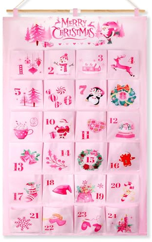 HOWAF Calendrier de l'Avent 2025 Femme Fille, Calendrier Avent en Tissu à Suspendre avec 24 Pochettes 15x15cm pour Décorations de Noël, Decoration Noel Rose, E