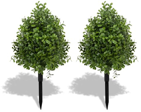 Bdor 22 Artificial Boxwood Topiary Ball Trees, Outdoor Artificial Plant Set of 2 with Ground Stakes, UV Resistant Simulated Evergreen Fake Shrub for Indoor/Outdoor Lawns, Garden Decor