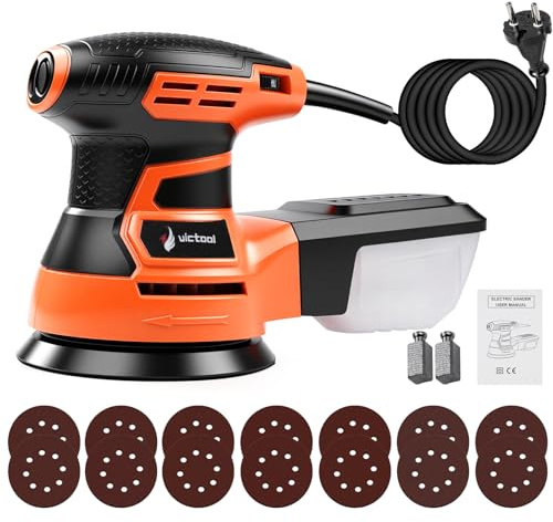 125 mm excenterslip, 350 W slipmaskin, 6-stegs hastighetsreglering upp till 13 000 rpm, med dammuppsamlingsbehållare och 14 slippapper, för träbearbetning, polering och slipning