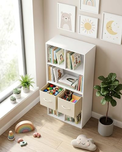 Soayone Estanteria Infantil y Juvenil Estanteria Libros Infantil con 2 Cajones de Tela Mueble Organizador Juguetes Multiuso para Habitacion y Salon Estructura Estable 50 x 29 x 121 cm Blanco