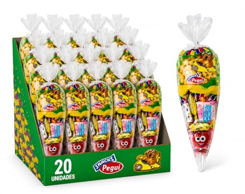 Conos de Chucherías para Cumpleaños – Pack de 20 Conos Surtidos con Gusanitos, Fizz Roll, Piruleta, Escalofríos, Nube y Caramelo de Frutas | Bolsas de Chuches para Fiestas Infantiles, Piñatas