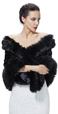 BEAUTELICATE Women's Faux Fur Shawl Wrap Stole Thicken Shrug Cover Up Cape for Winter Wedding Evening Brides Bridesmaids(One Size, Black)